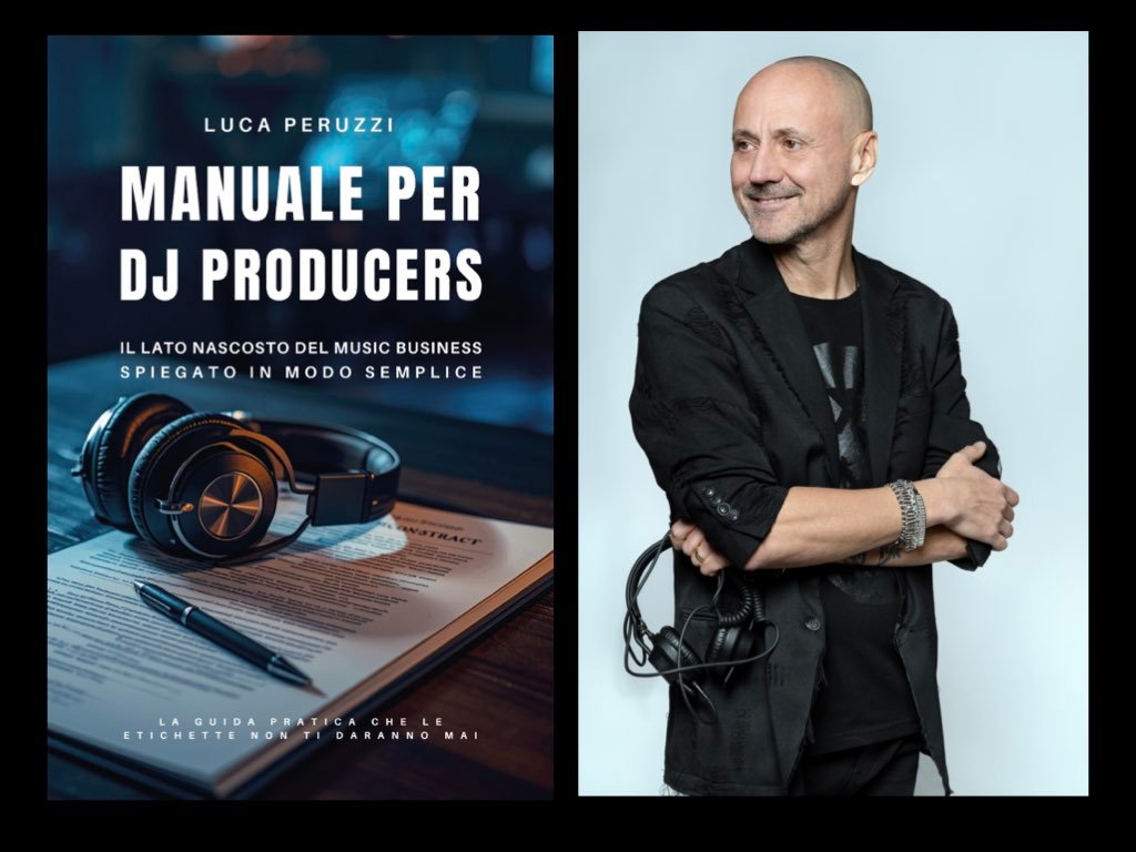 Two-panel promo image: left shows a book cover 'Manuale per DJ Producers' with headphones and a pen on a document; right shows a smiling man in a black blazer holding audio cables against a light blue background.