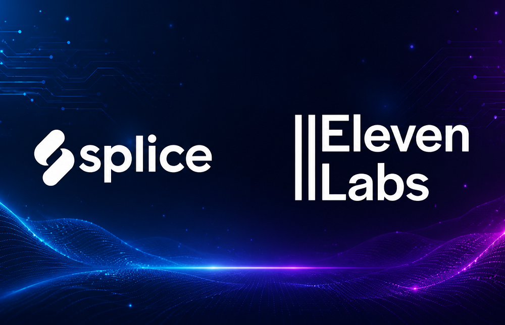 Brand banner showing the Splice and ElevenLabs logos on a dark blue–purple neon tech background with flowing light waves.